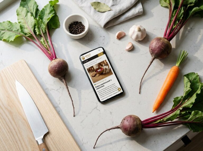 Смартфон із рецептом українського борщу з кулінарної книги Spice Guild на світлій кухонній стільниці поруч із буряками, морквою, часником і чорним перцем